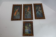 Vintage Mexican Feathercraft Bird Art Pair Carved Wood Frames Folk Art picture