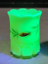 Antique Jefferson Custard Glass GLOWS Toothpick Holder Handpainted Flowers picture