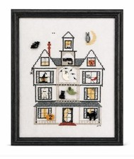 Signed 1991 Vintage Halloween Haunted House Counted Cross Stitch Framed Button picture