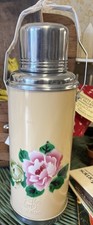 VTG Thermos Vacuum Flask Yellow Peony Floral Deer Brand Intact Liner Cork picture