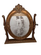Vintage nice Gold Tone Oval Swivel Picture Frame Faux Wood Tabletop Glass Front  picture