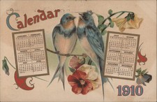 1910 Calendar with Two Blue Birds Flowers 1909 Chicago, IL Antique Postcard picture
