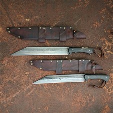 2Pcs Hand Forged Seax Knife W/Leather Sheath Full Tang For Hunting & Camping picture