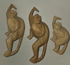Hand Carved Wooden Monkey Chain Wood Hanging Monkeys 3 Pieces picture