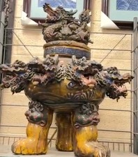 VINTAGE  LARGE CERAMIC 9 CARVED DRAGON HEADS INCENSE BURNER-20