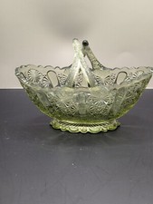 Fenton Art Glass Colonial Green Daisy & Button Split Twig Handle Basket picture