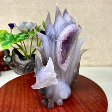 2.14LB Natural Agate Geode Hand Carved Nine-tailed Fox Quartz Crystal Decor picture