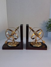 VTG Brass Armillary Sphere Bookends; Mahogany Wood Base;Sundial; ROC Taiwan MCM picture