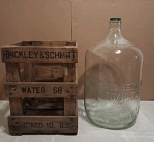 Vtg Hinckley & Schmitt 5 Gallon Glass Water Bottle in Wooden Crate Chicago ILL picture