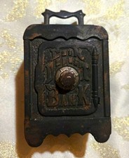 Vintage 1900s Cast Iron & Tin Safe Toy Bank Coin Deposit Bank Pat. Applied For picture
