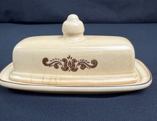 Vintage Pfaltzgraff Butterdish & Lid Stoneware - USA Cream & Brown Pottery - 2pc picture