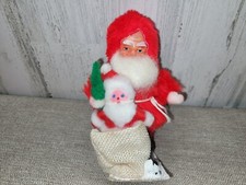 Vintage Plastic Face Santa Claus 1950's German Plush Figurine Felt Tree Toy Sack picture