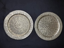 Antique Turkish Repoussé Metal Trays Pair Floral Middle Eastern Silver Tone picture