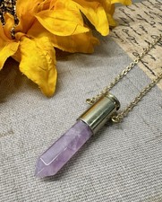 New Natural Purple Amethyst Crystal Point Bullet Style Necklace w/Goldtone Chain picture