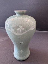 Vintage Signed Celadon Crane Vase 花泉 Kasen Crackle Glaze Asian Pottery 8” picture