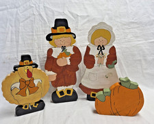 Vintage 80s Folk Art Wood Thanksgiving Set, Rustic Fall Shelf Sitters, Harvest picture