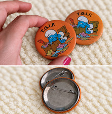 Vintage 1980 Smurfs T.G.I.F. Pinback Button Lot – Set of 2 picture