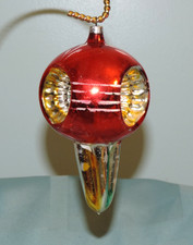 Vtg  Red Triple Indent w/ Long Finial Glass Ornament Hand Painted 4 1/2