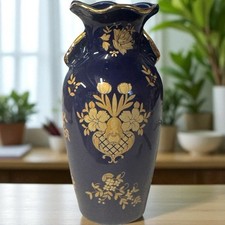 VTG Hand Painted Porcelain Collectible Vase 8” Dark Blue Floral Double Handle picture