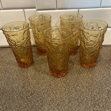 VTG MCM Anchor Hocking 5 Amber Lido Milano Gold Crinkle Drinking Glasses 12 oz. picture