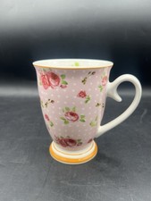 Pulchritudie Pink Rose Floral Coffee Mug Polka Dot Gold Trim Pedestal 4 3/8” picture