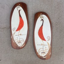 🔥 Vintage 1960s MID-CENTURY Wall Hangings Belart Pair of Peacocks On Walnut MCM picture