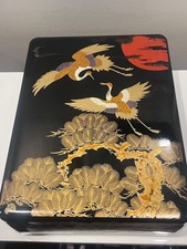 Urushi Japanese black lacquer large  Box with Crane design Japan picture