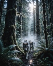 Wolves Walking Misty Ancient Forest Ferns Moody Dark Fantasy Art Print picture