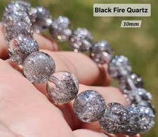Black Fire Quartz Shiny 10mm Round Beads Unisex Stretch Bracelet picture