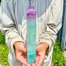 2.12LB Natural Rainbow Fluorite Obelisk Quartz Crystal Wand Tower Point Healing picture