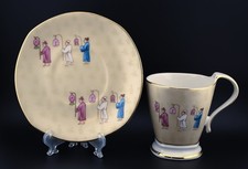 Vintage Korean Hand Painted Porcelain Cup & Saucer MOMKID Gold Trim Chinoiserie  picture