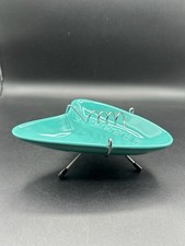 VTG Mid Century Modern Atomic Boomerang Ceramic Ashtray with Stand Glossy Teal picture