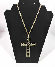 VTG Large Pewter Tone Cross Pendant Necklace Brutalist Geometric Openwork  picture