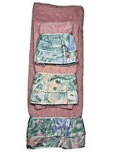 3 pc Vintage AVANTI Bath Towel Set 1978 Pink Floral Ruffles Hand Towel Washcloth picture