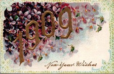 1909 New Year Wishes Embossed Gold Floral Postcard Made in Germany Antique picture