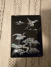 Vintage Asian Black Lacquer Wall Hanging Hand Painted Birds Flowers  picture