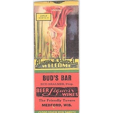 Bud's Bar Bud Brahmer Medford WI Pinup Vintage Matchbook Cover SC7-Y6 picture
