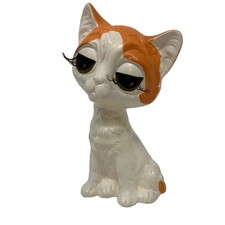 Vintage Ceramic Big Eye Kitty Cat Figurine Long Neck Orange Eyelashes Kitsch 7
