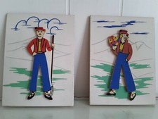 Vintage Wood Plaques 1930s European Man Woman Figures in Mountains Colorful picture