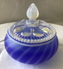 VINTAGE FENTON ART GLASS BLUE OPALESCENT SATIN SWIRL OPTIC POWDER JAR picture