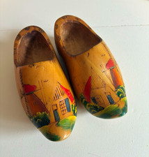 VTG Hand Painted Wooden Dutch Clogs w Wall Hanging Hooks Carved Holland Windmill picture