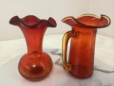 VTG Hand blown Amberina Crackle Glass Pitcher & Vase - Yellow Handle & Rim GLOWS picture