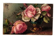Antique 1909 Embossed Pink Roses Floral Postcard Printed in Germany Posted picture