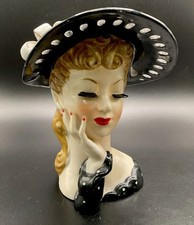 Vintage 1959 NAPCO Lady Head Vase C 348B Black Hat Bow Red Nails Japan 7” picture