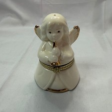 Vintage Porcelain Angel Music Box Hinged Figurine Gold Trim Trumpet picture