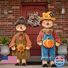 Beeveer 2 Pcs Fall Wooden Scarecrow Standing Porch Sign Outdoor Decor picture