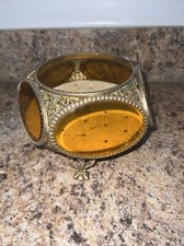 Vintage ORMOLU BRASS Filigree & Beveled GLASS JEWELRY Box CASKET Missing Top Lid picture