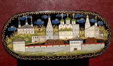 Vtg Russian Artist Signed Hand Painted Lacquer Box Oval Churches 2.75