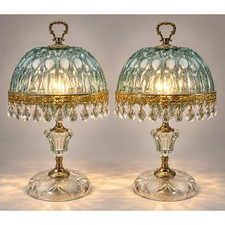 Pair Vintage Michelotti Aqua Glass Boudoir Lamps Made in Holland 16