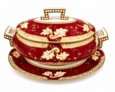Brown-Westhead Moore & Co 3686 c1872 Victorian Tureen Underplate Red Gold picture